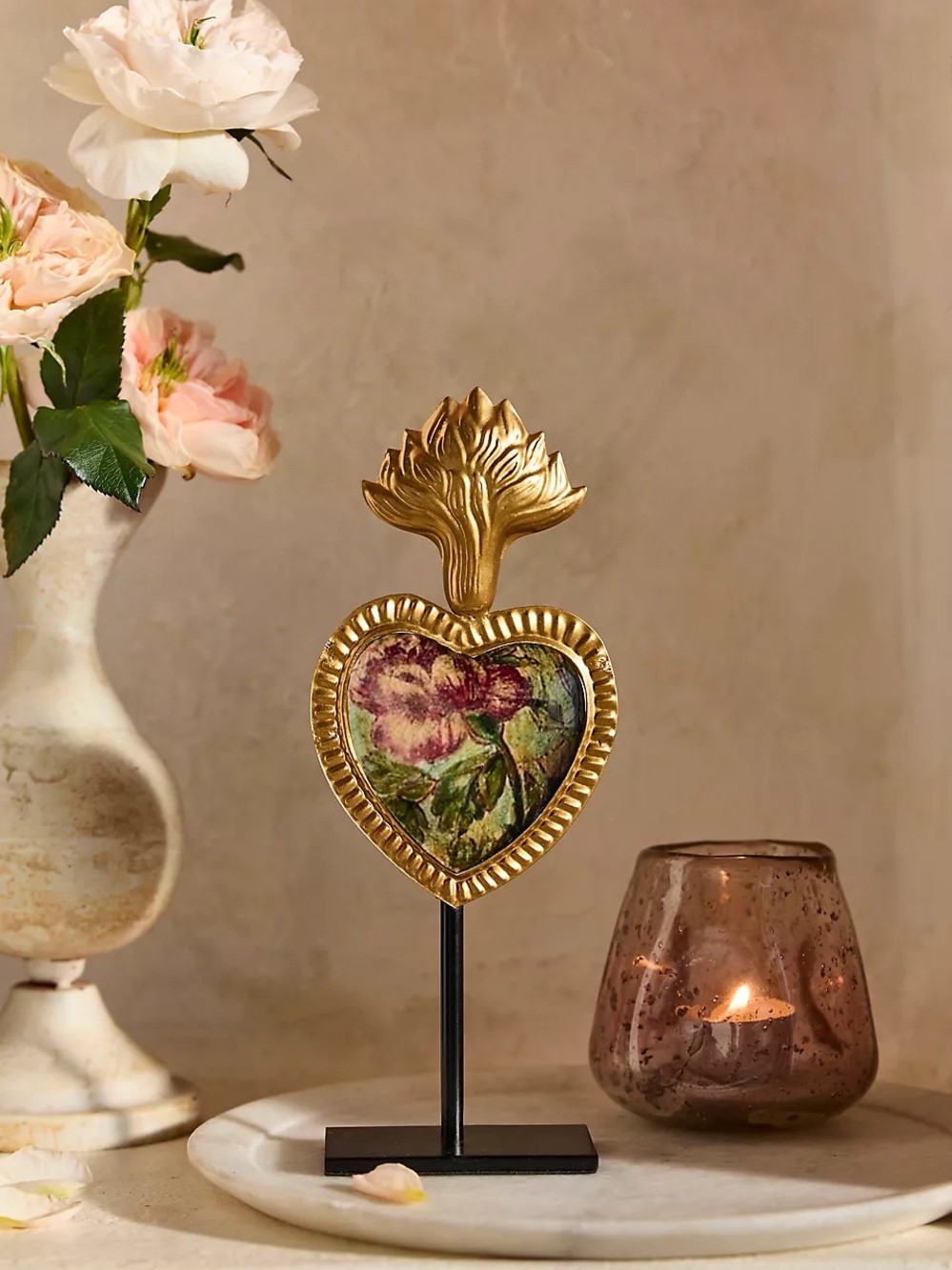 ANTHRO TERRAIN NEW enameled black floral sacred heart on stand -black